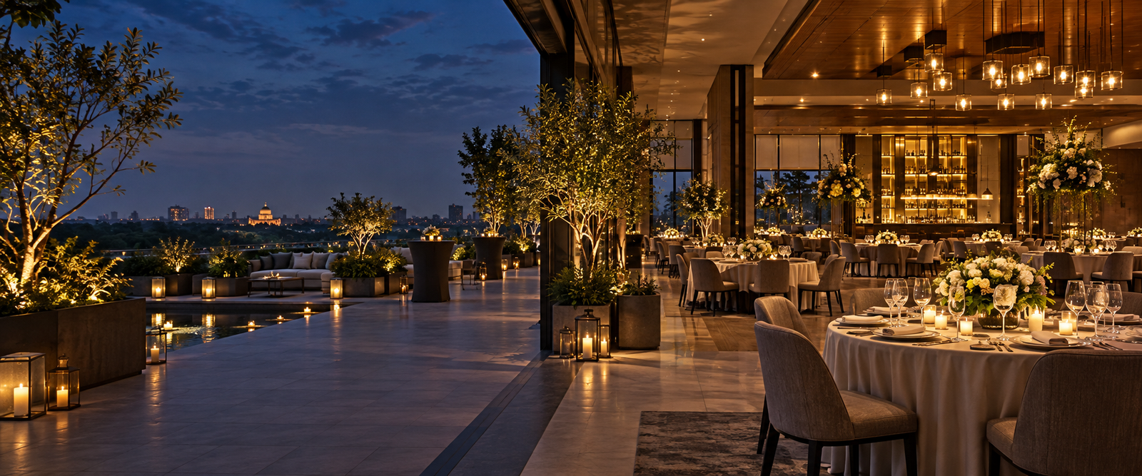 A warm celebration venue prepared for guests